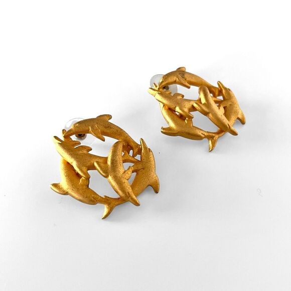Vintage ACT V Matte Gold Dolphin Earrings - Picture 2 of 4